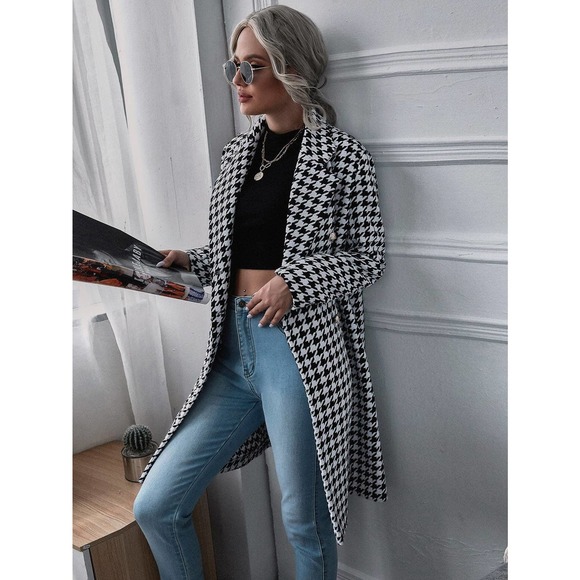 Lapel Collar Double Breasted Houndstooth plaid long pea Coat peacoat trench coat - Picture 1 of 5
